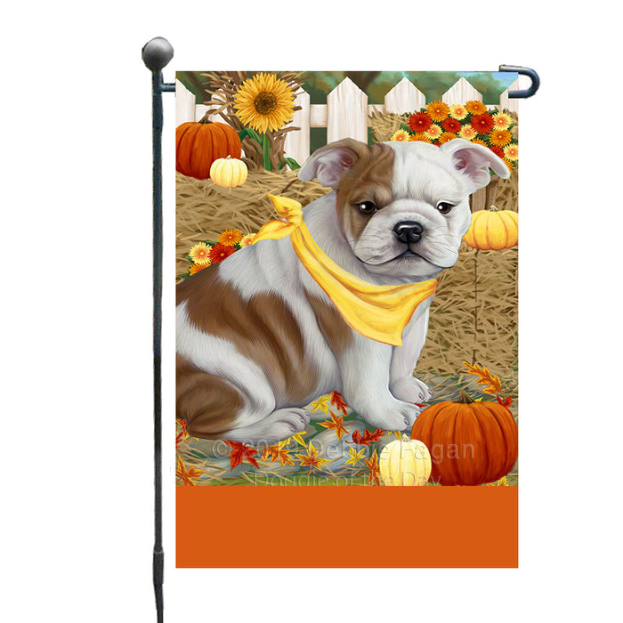 Personalized Fall Autumn Greeting Bulldog with Pumpkins Custom Garden Flags GFLG-DOTD-A61851