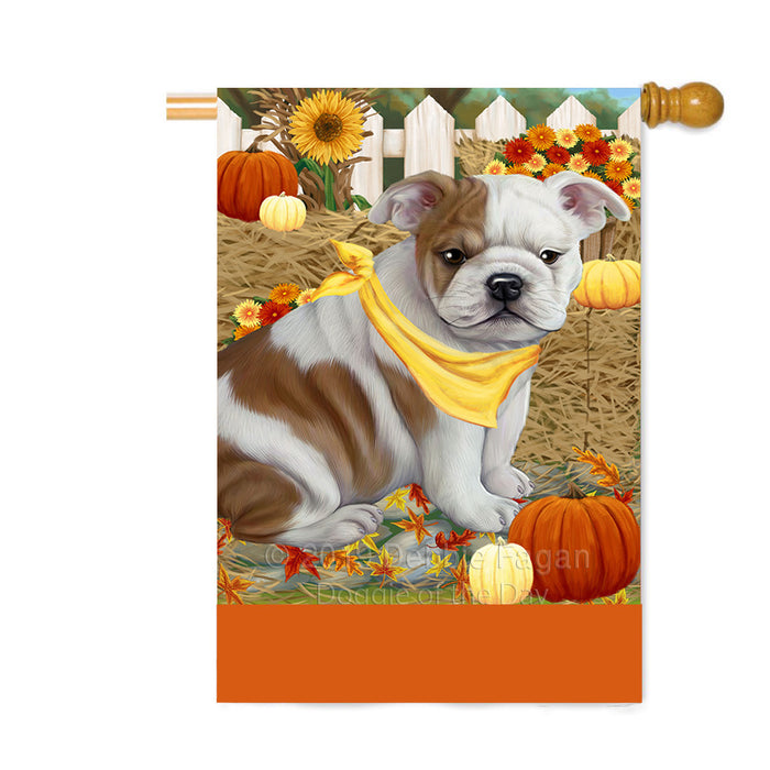 Personalized Fall Autumn Greeting Bulldog with Pumpkins Custom House Flag FLG-DOTD-A61907