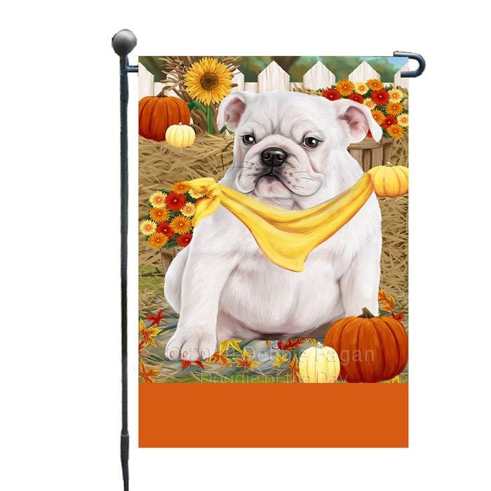 Personalized Fall Autumn Greeting Bulldog with Pumpkins Custom Garden Flags GFLG-DOTD-A61852
