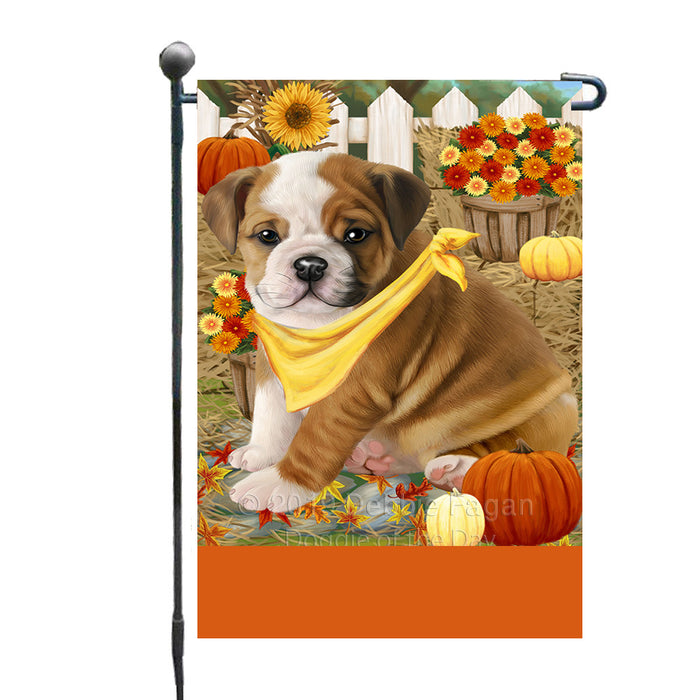 Personalized Fall Autumn Greeting Bulldog with Pumpkins Custom Garden Flags GFLG-DOTD-A61853