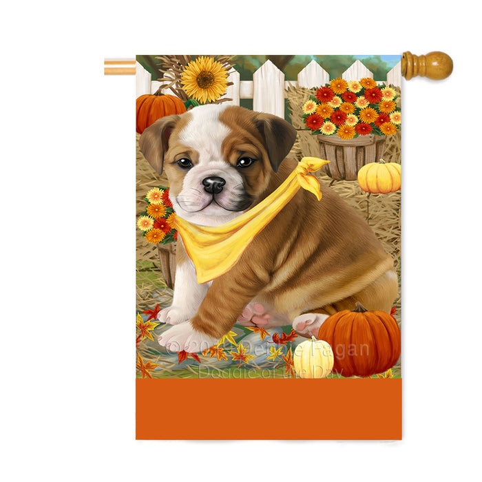 Personalized Fall Autumn Greeting Bulldog with Pumpkins Custom House Flag FLG-DOTD-A61909