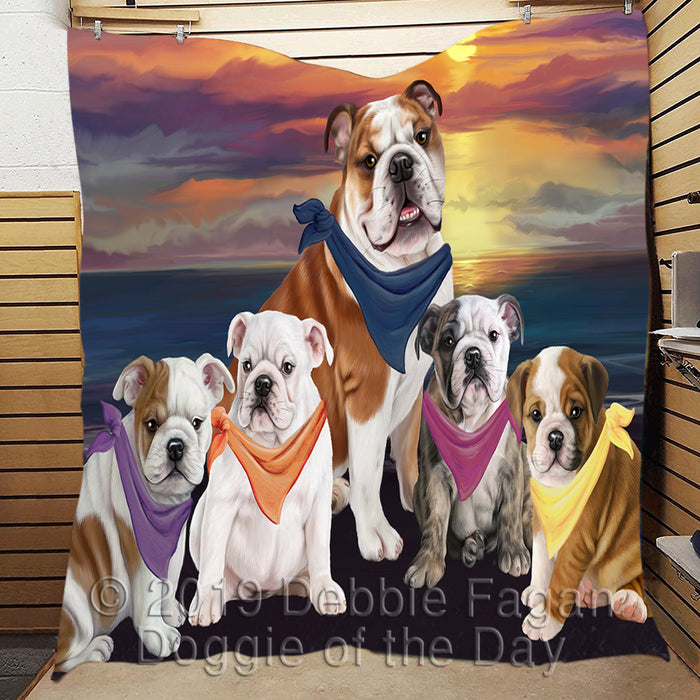 Family Sunset Portrait Bulldog Dogs Quilt