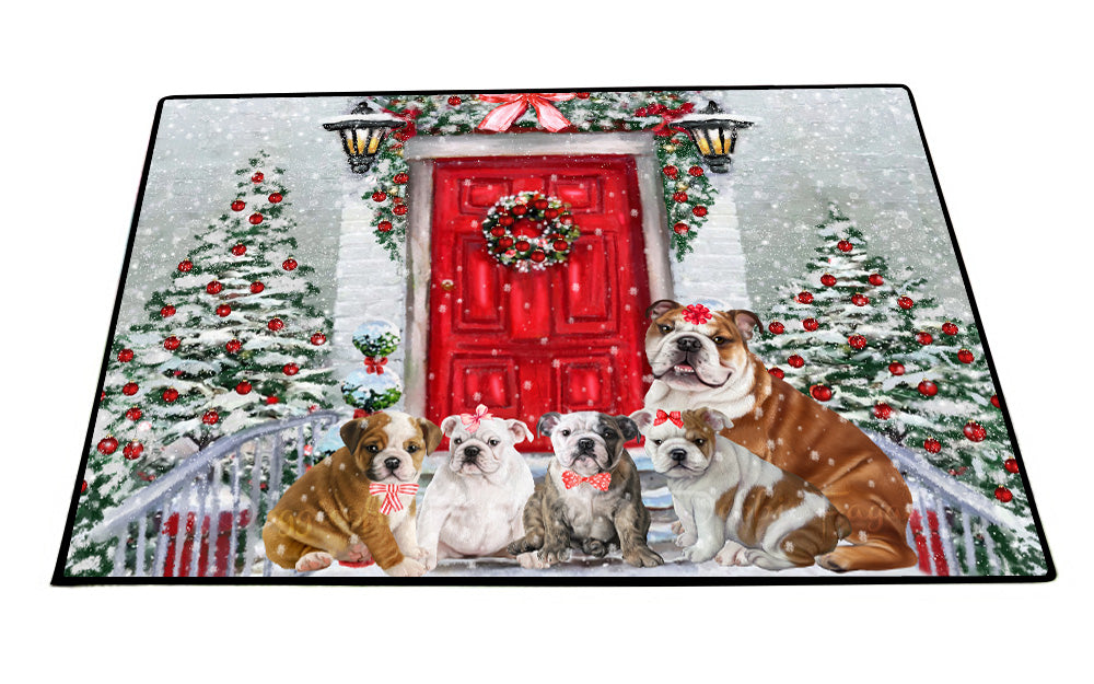 Christmas Holiday Welcome Bulldog Floor Mat- Anti-Slip Pet Door Mat Indoor Outdoor Front Rug Mats for Home Outside Entrance Pets Portrait Unique Rug Washable Premium Quality Mat