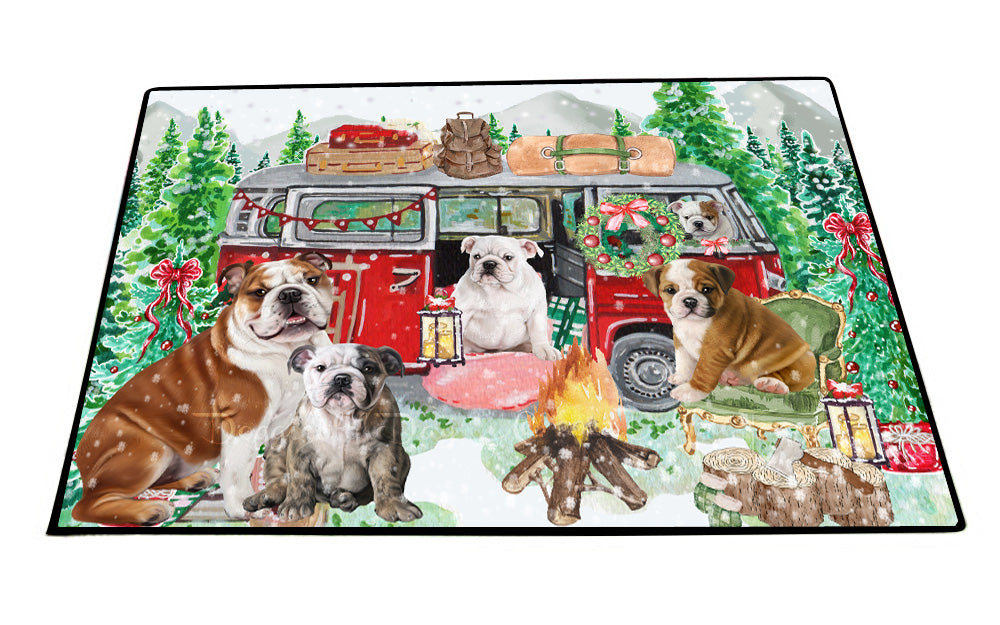 Christmas Time Camping with Bulldog Floor Mat- Anti-Slip Pet Door Mat Indoor Outdoor Front Rug Mats for Home Outside Entrance Pets Portrait Unique Rug Washable Premium Quality Mat