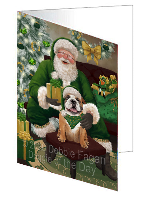 Christmas Irish Santa with Gift and Bulldog Dog Handmade Artwork Assorted Pets Greeting Cards and Note Cards with Envelopes for All Occasions and Holiday Seasons GCD75806