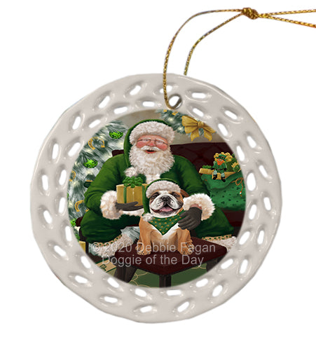 Christmas Irish Santa with Gift and Bulldog Dog Doily Ornament DPOR59474
