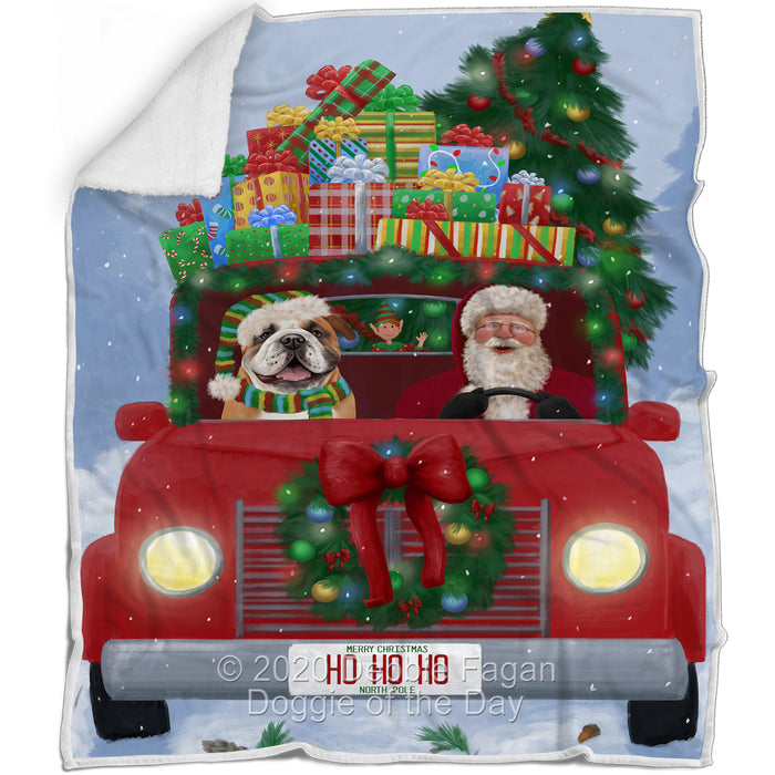 Christmas Honk Honk Red Truck Here Comes with Santa and Bulldog Dog Blanket BLNKT140778