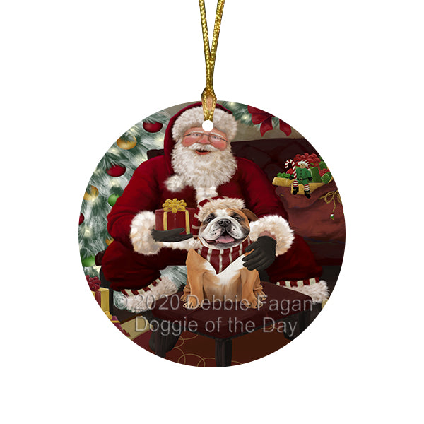 Santa's Christmas Surprise Bulldog Dog Round Flat Christmas Ornament RFPOR58010