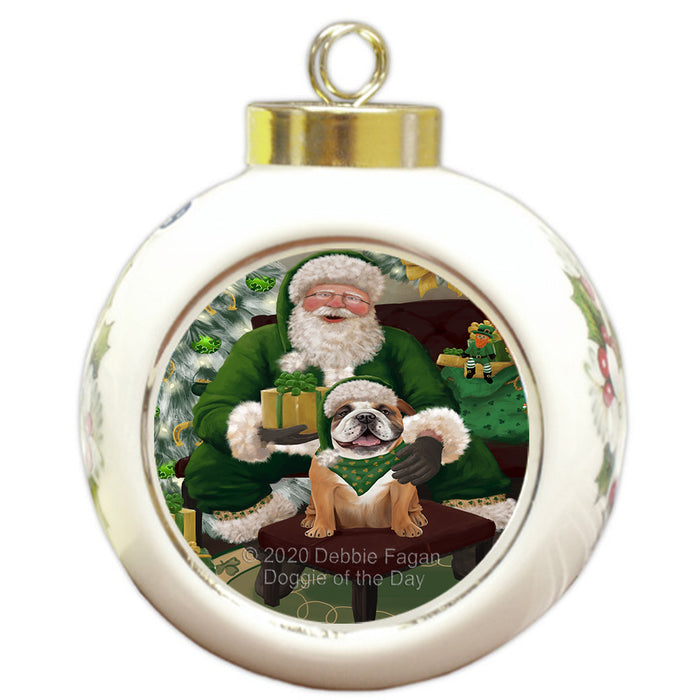 Christmas Irish Santa with Gift and Bulldog Dog Round Ball Christmas Ornament RBPOR57912