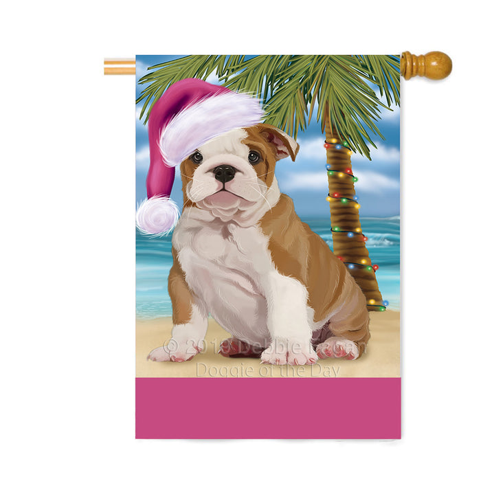 Personalized Summertime Happy Holidays Christmas Bulldog on Tropical Island Beach Custom House Flag FLG-DOTD-A60498