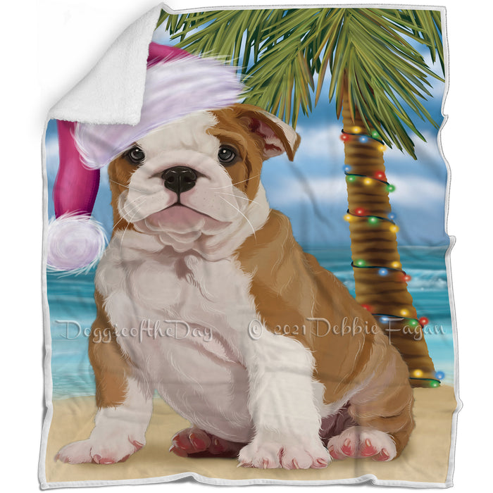 Summertime Happy Holidays Christmas Bulldog Puppy Dog on Tropical Island Beach Blanket D116