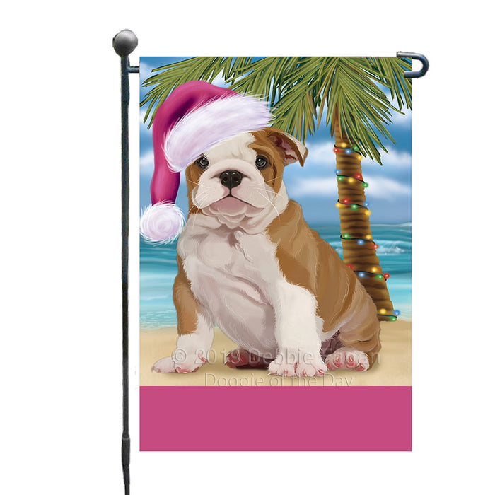 Personalized Summertime Happy Holidays Christmas Bulldog on Tropical Island Beach  Custom Garden Flags GFLG-DOTD-A60442
