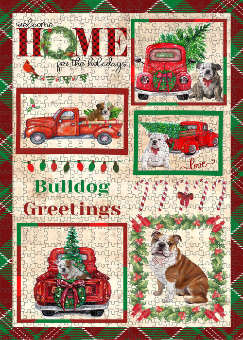 Welcome Home for Christmas Holidays Bulldog Portrait Jigsaw Puzzle for Adults Animal Interlocking Puzzle Game Unique Gift for Dog Lover's with Metal Tin Box