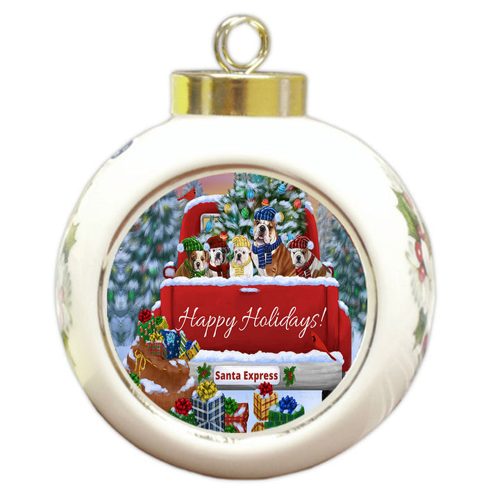 Christmas Red Truck Travlin Home for the Holidays Bulldog Round Ball Christmas Ornament Pet Decorative Hanging Ornaments for Christmas X-mas Tree Decorations - 3" Round Ceramic Ornament