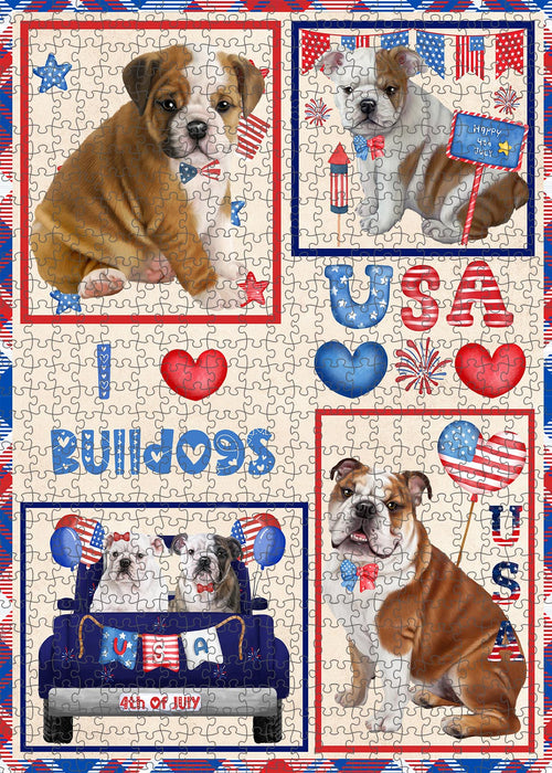 4th of July Independence Day I Love USA Bulldogs Portrait Jigsaw Puzzle for Adults Animal Interlocking Puzzle Game Unique Gift for Dog Lover's with Metal Tin Box