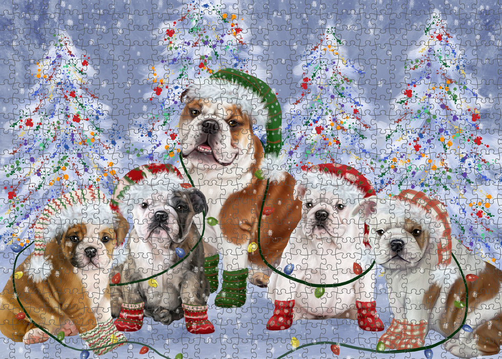 Christmas Lights and Bulldog Portrait Jigsaw Puzzle for Adults Animal Interlocking Puzzle Game Unique Gift for Dog Lover's with Metal Tin Box