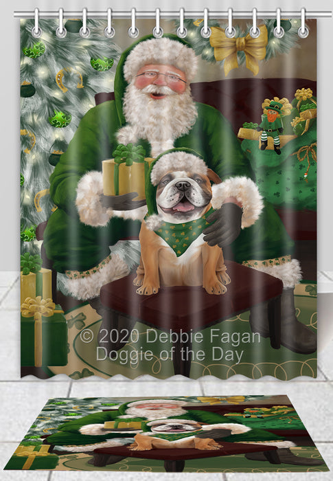 Christmas Irish Santa with Gift Bulldog Dog Bath Mat and Shower Curtain Combo