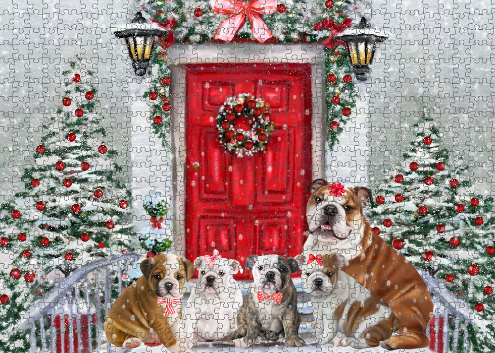Christmas Holiday Welcome Bulldog Portrait Jigsaw Puzzle for Adults Animal Interlocking Puzzle Game Unique Gift for Dog Lover's with Metal Tin Box