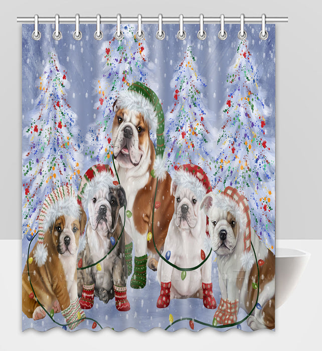 Christmas Lights and Bulldog Dogs Shower Curtain Pet Painting Bathtub Curtain Waterproof Polyester One-Side Printing Decor Bath Tub Curtain for Bathroom with Hooks