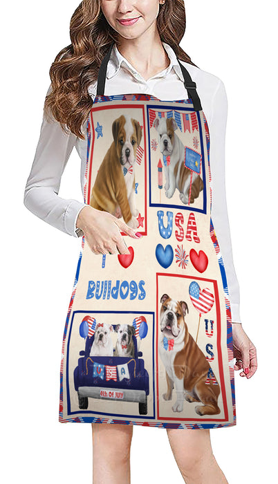 4th of July Independence Day I Love USA Bulldogs Apron - Adjustable Long Neck Bib for Adults - Waterproof Polyester Fabric With 2 Pockets - Chef Apron for Cooking, Dish Washing, Gardening, and Pet Grooming