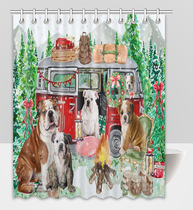 Christmas Time Camping with Bulldog Dogs Shower Curtain Pet Painting Bathtub Curtain Waterproof Polyester One-Side Printing Decor Bath Tub Curtain for Bathroom with Hooks
