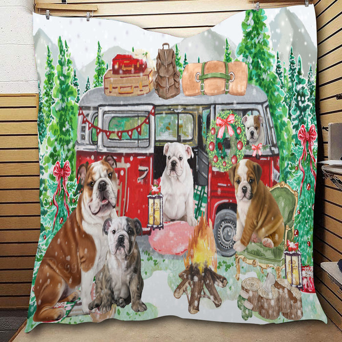 Christmas Time Camping with Bulldog  Quilt Bed Coverlet Bedspread - Pets Comforter Unique One-side Animal Printing - Soft Lightweight Durable Washable Polyester Quilt