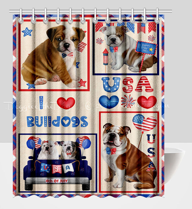 4th of July Independence Day I Love USA Bulldogs Shower Curtain Pet Painting Bathtub Curtain Waterproof Polyester One-Side Printing Decor Bath Tub Curtain for Bathroom with Hooks