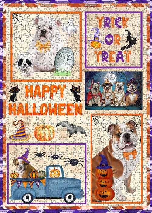 Happy Halloween Trick or Treat Bulldogs Portrait Jigsaw Puzzle for Adults Animal Interlocking Puzzle Game Unique Gift for Dog Lover's with Metal Tin Box
