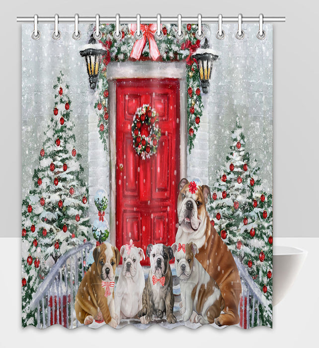 Christmas Holiday Welcome Bulldog Dogs Shower Curtain Pet Painting Bathtub Curtain Waterproof Polyester One-Side Printing Decor Bath Tub Curtain for Bathroom with Hooks