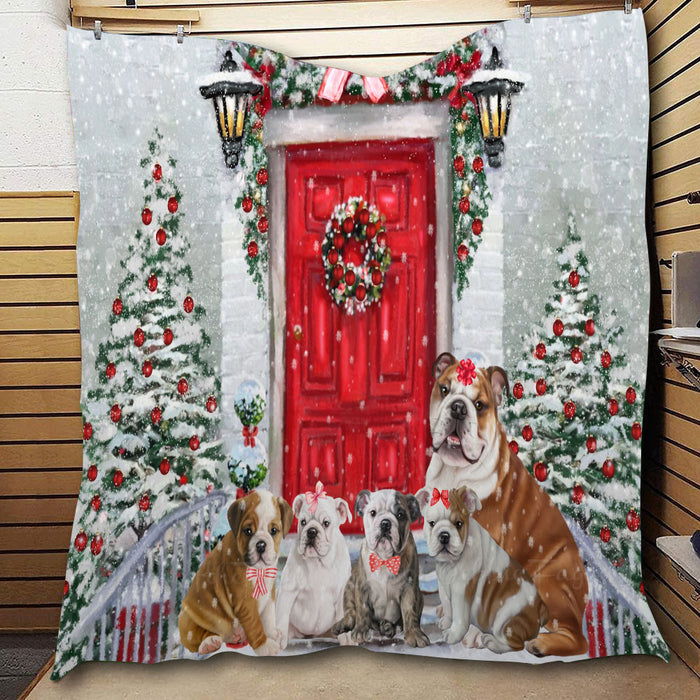 Christmas Holiday Welcome Bulldog  Quilt Bed Coverlet Bedspread - Pets Comforter Unique One-side Animal Printing - Soft Lightweight Durable Washable Polyester Quilt