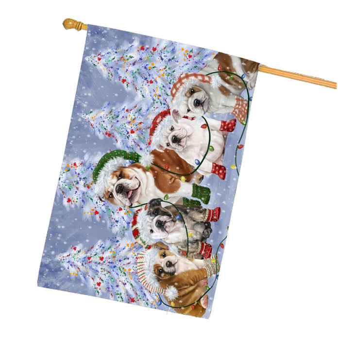 Christmas Lights and Bulldog House Flag Outdoor Decorative Double Sided Pet Portrait Weather Resistant Premium Quality Animal Printed Home Decorative Flags 100% Polyester