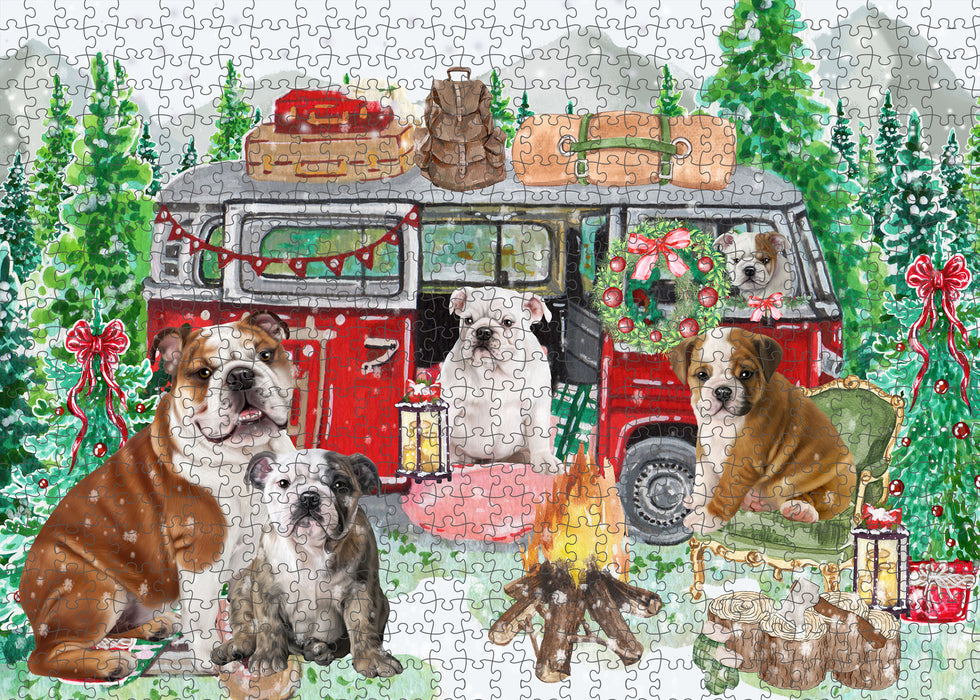 Christmas Time Camping with Bulldog Portrait Jigsaw Puzzle for Adults Animal Interlocking Puzzle Game Unique Gift for Dog Lover's with Metal Tin Box