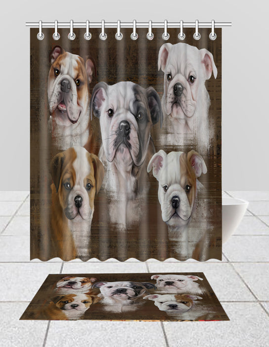 Rustic Bull Dogs  Bath Mat and Shower Curtain Combo