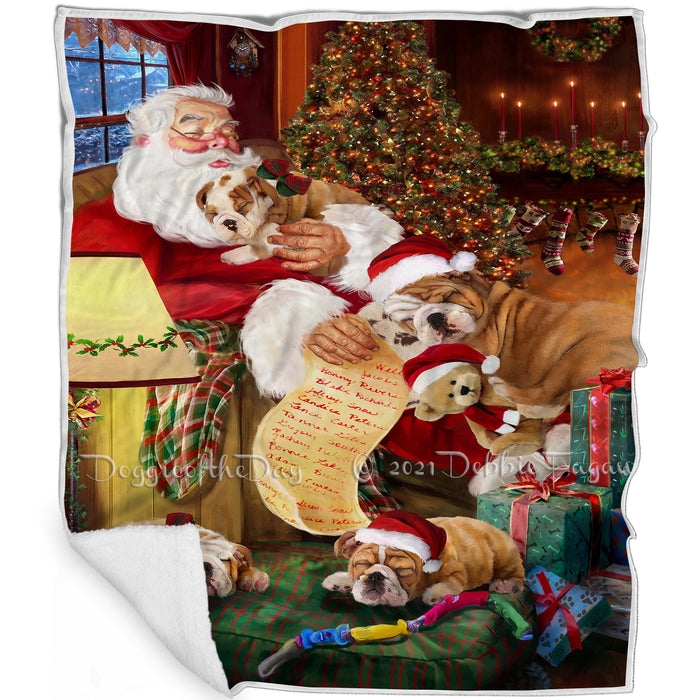 Bulldog Dog and Puppies Sleeping with Santa Blanket