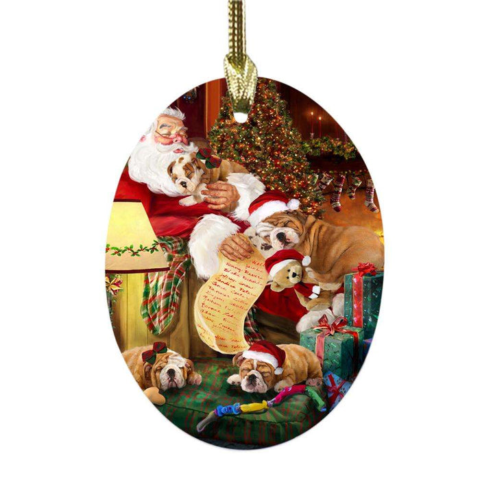 Bulldogs and Puppies Sleeping with Santa Oval Glass Christmas Ornament OGOR49264