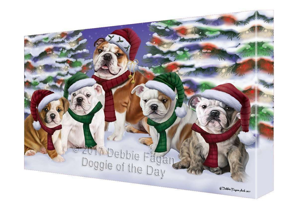 Bulldogs Dog Christmas Family Portrait in Holiday Scenic Background Canvas Wall Art