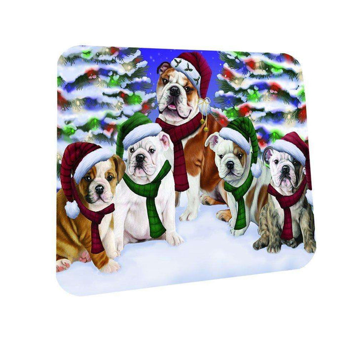 Bulldogs Dog Christmas Family Portrait in Holiday Scenic Background Coasters Set of 4