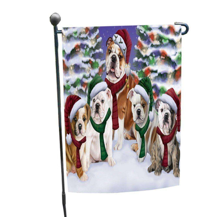 Bulldogs Dog Christmas Family Portrait in Holiday Scenic Background Garden Flag
