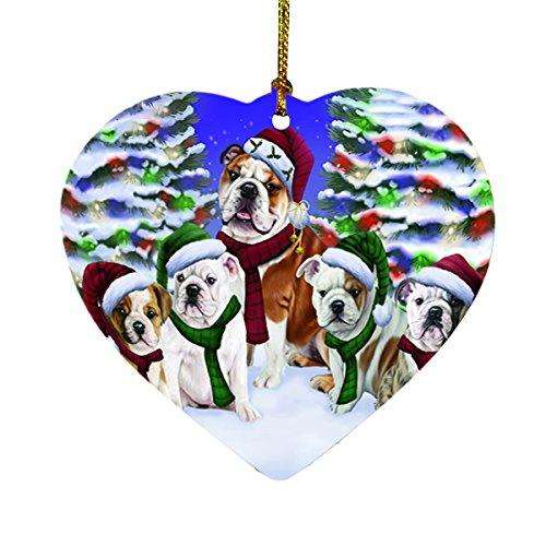 Bulldogs Dog Christmas Family Portrait in Holiday Scenic Background Heart Ornament D137