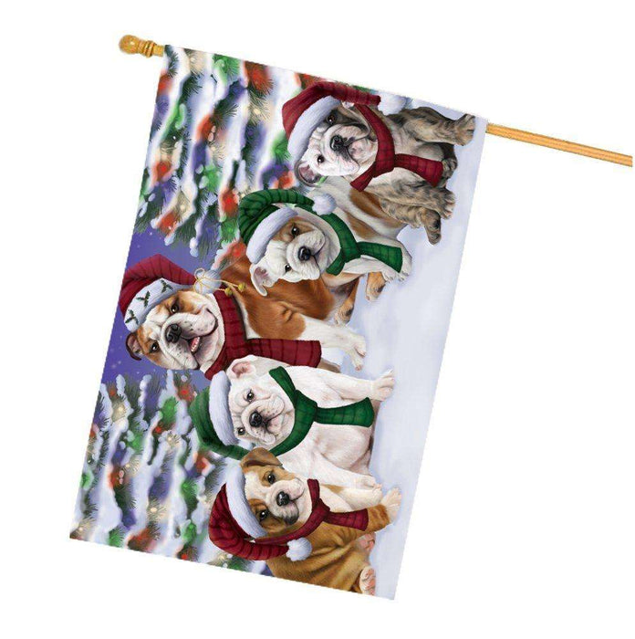 Bulldogs Dog Christmas Family Portrait in Holiday Scenic Background House Flag