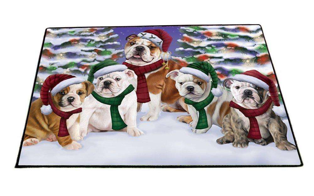 Bulldogs Dog Christmas Family Portrait in Holiday Scenic Background Indoor/Outdoor Floormat