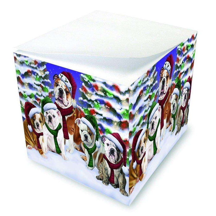 Bulldogs Dog Christmas Family Portrait in Holiday Scenic Background Note Cube D157
