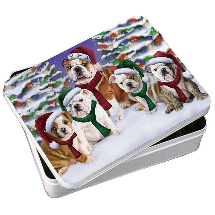 Bulldogs Dog Christmas Family Portrait in Holiday Scenic Background Photo Storage Tin