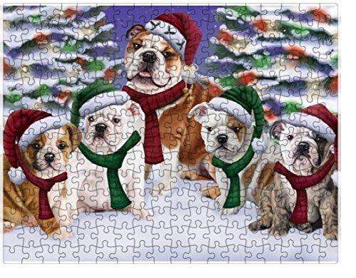 Bulldogs Dog Christmas Family Portrait in Holiday Scenic Background Puzzle with Photo Tin