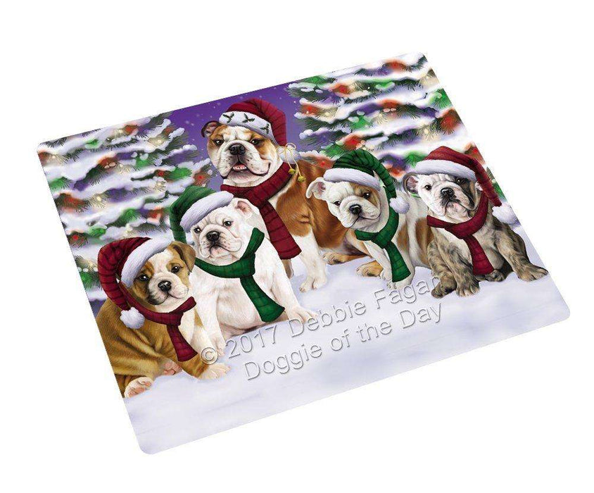 Bulldogs Dog Christmas Family Portrait in Holiday Scenic Background Refrigerator / Dishwasher Magnet