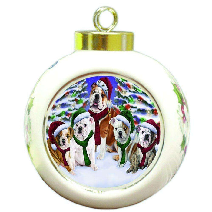 Bulldogs Dog Christmas Family Portrait in Holiday Scenic Background Round Ball Ornament D137