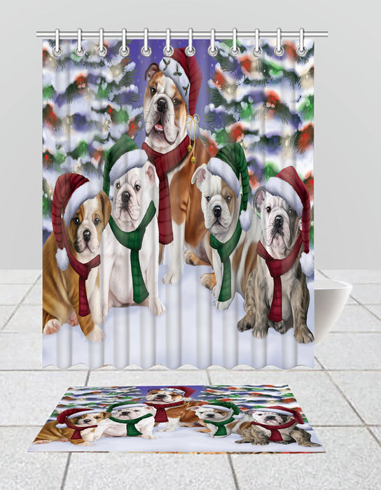 Bulldog Dogs Christmas Family Portrait in Holiday Scenic Background  Bath Mat and Shower Curtain Combo