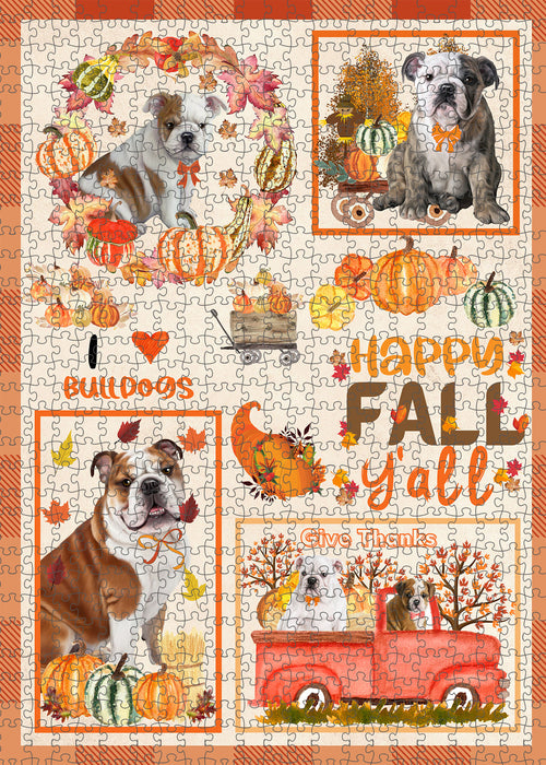 Happy Fall Y'all Pumpkin Bulldog Portrait Jigsaw Puzzle for Adults Animal Interlocking Puzzle Game Unique Gift for Dog Lover's with Metal Tin Box