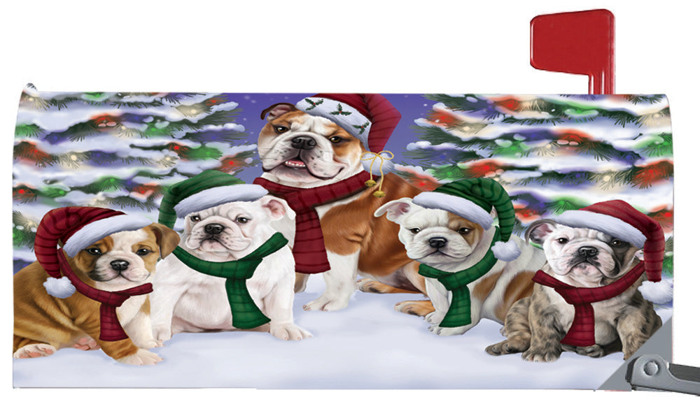Magnetic Mailbox Cover Bulldogs Christmas Family Portrait in Holiday Scenic Background MBC48210