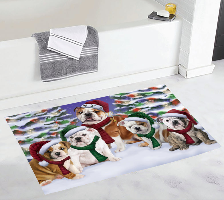 Bulldog Dogs Christmas Family Portrait in Holiday Scenic Background Bath Mat
